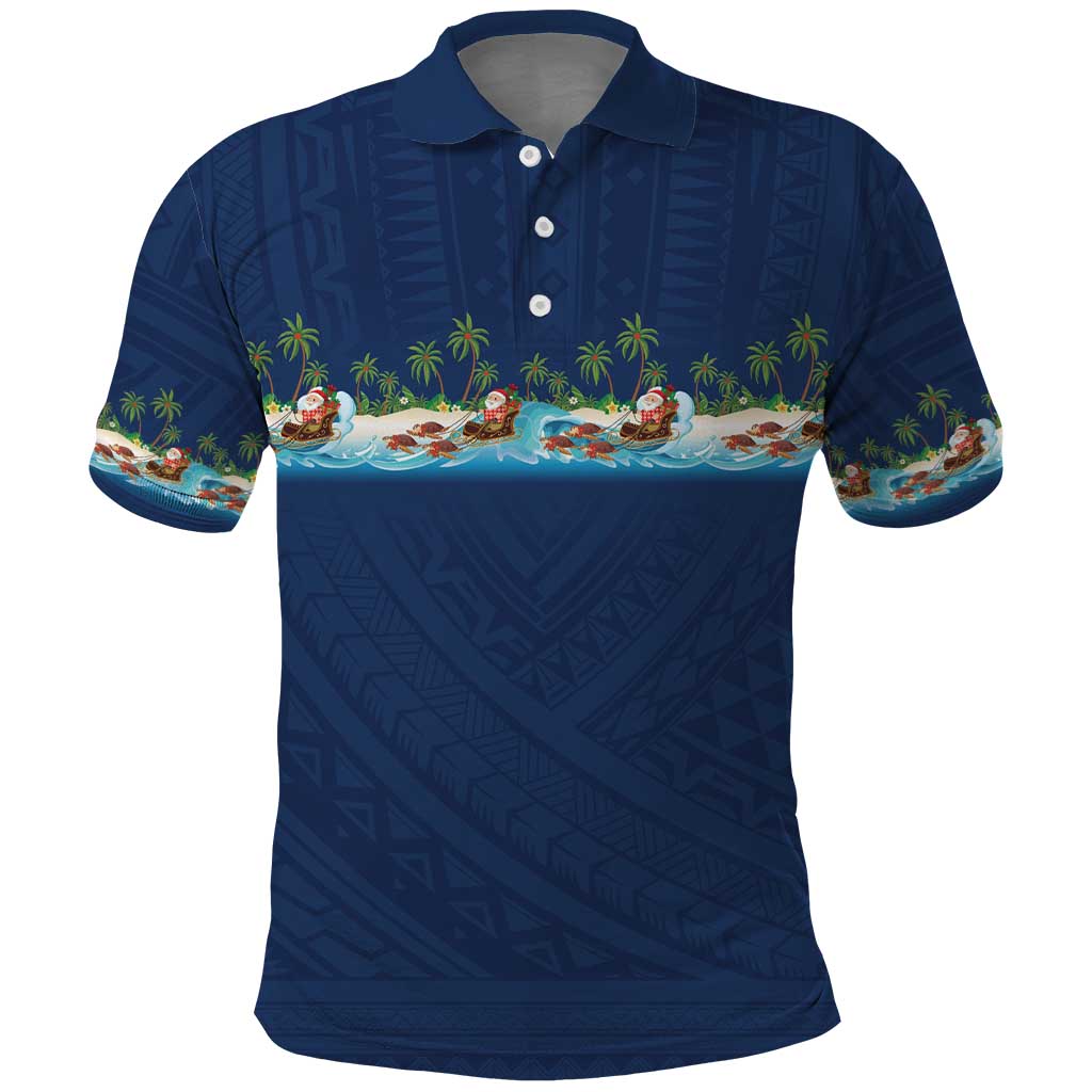 Hawaii Santa Riding Sea Turtle Polo Shirt Mele Kalikimaka Polynesian Pattern LT01 Blue - Polynesian Pride