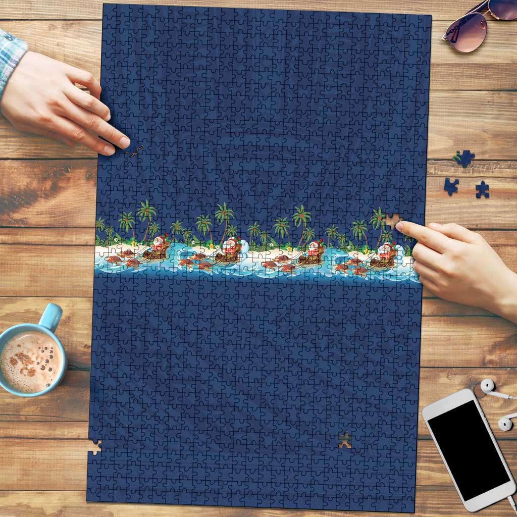 Hawaii Santa Riding Sea Turtle Puzzle Mele Kalikimaka Polynesian Pattern LT01 Blue - Polynesian Pride