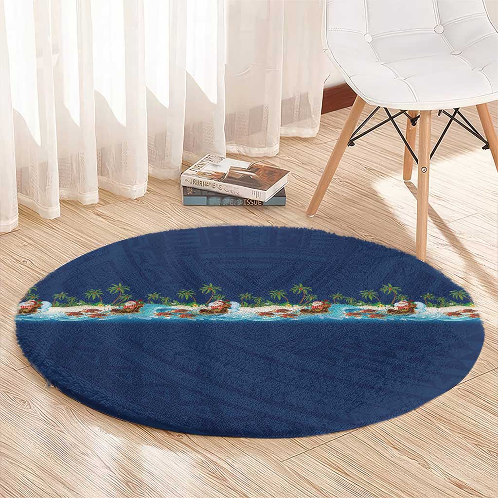 Hawaii Santa Riding Sea Turtle Round Carpet Mele Kalikimaka Polynesian Pattern - Polynesian Pride
