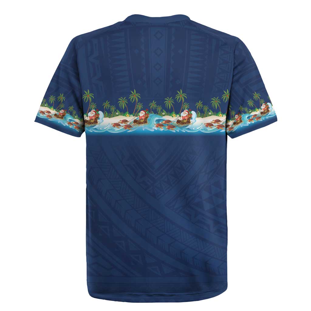 Hawaii Santa Riding Sea Turtle Rugby Jersey Mele Kalikimaka Polynesian Pattern - Polynesian Pride