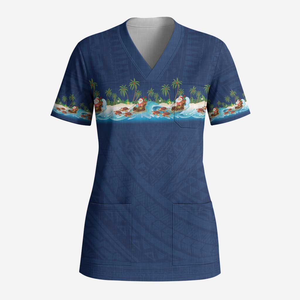 Hawaii Santa Riding Sea Turtle Scrub Top Mele Kalikimaka Polynesian Pattern - Polynesian Pride