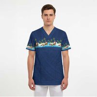 Hawaii Santa Riding Sea Turtle Scrub Top Mele Kalikimaka Polynesian Pattern - Polynesian Pride