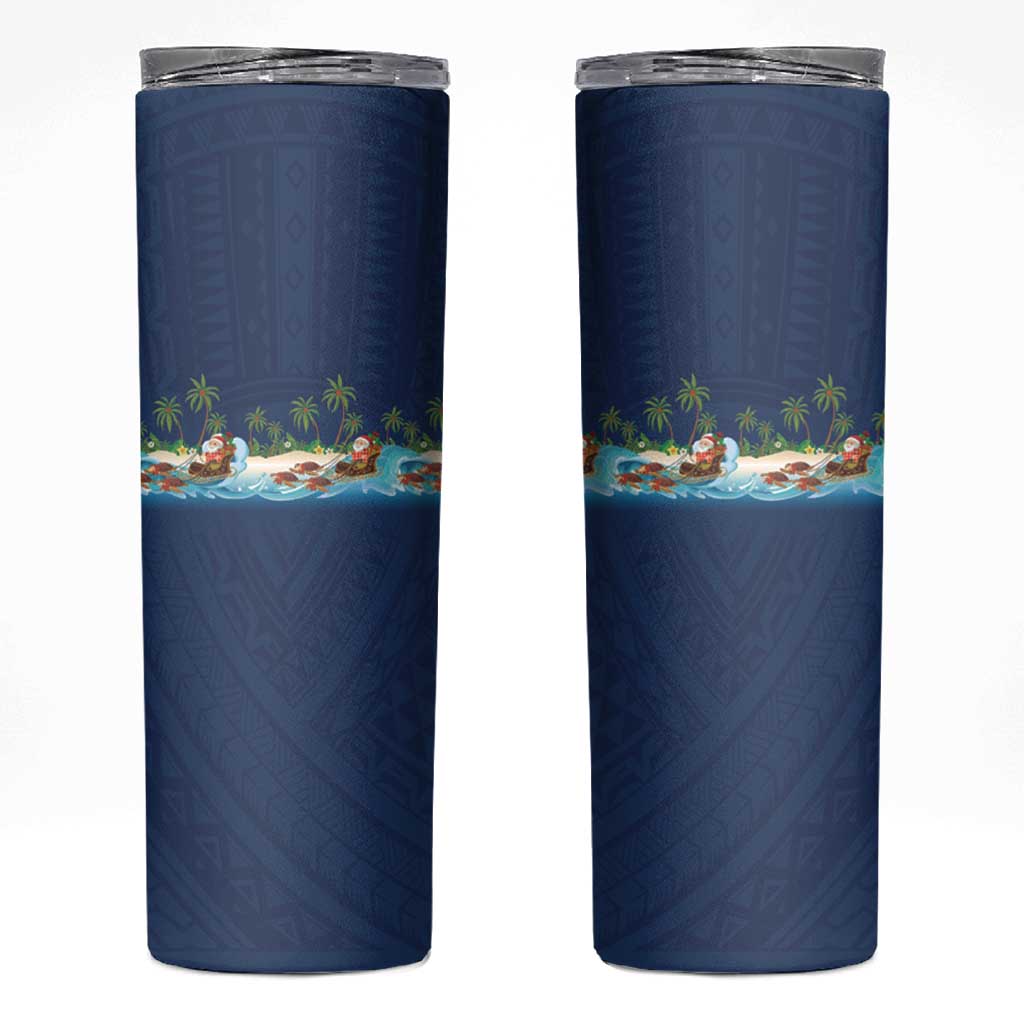 Hawaii Santa Riding Sea Turtle Skinny Tumbler Mele Kalikimaka Polynesian Pattern LT01 Blue - Polynesian Pride