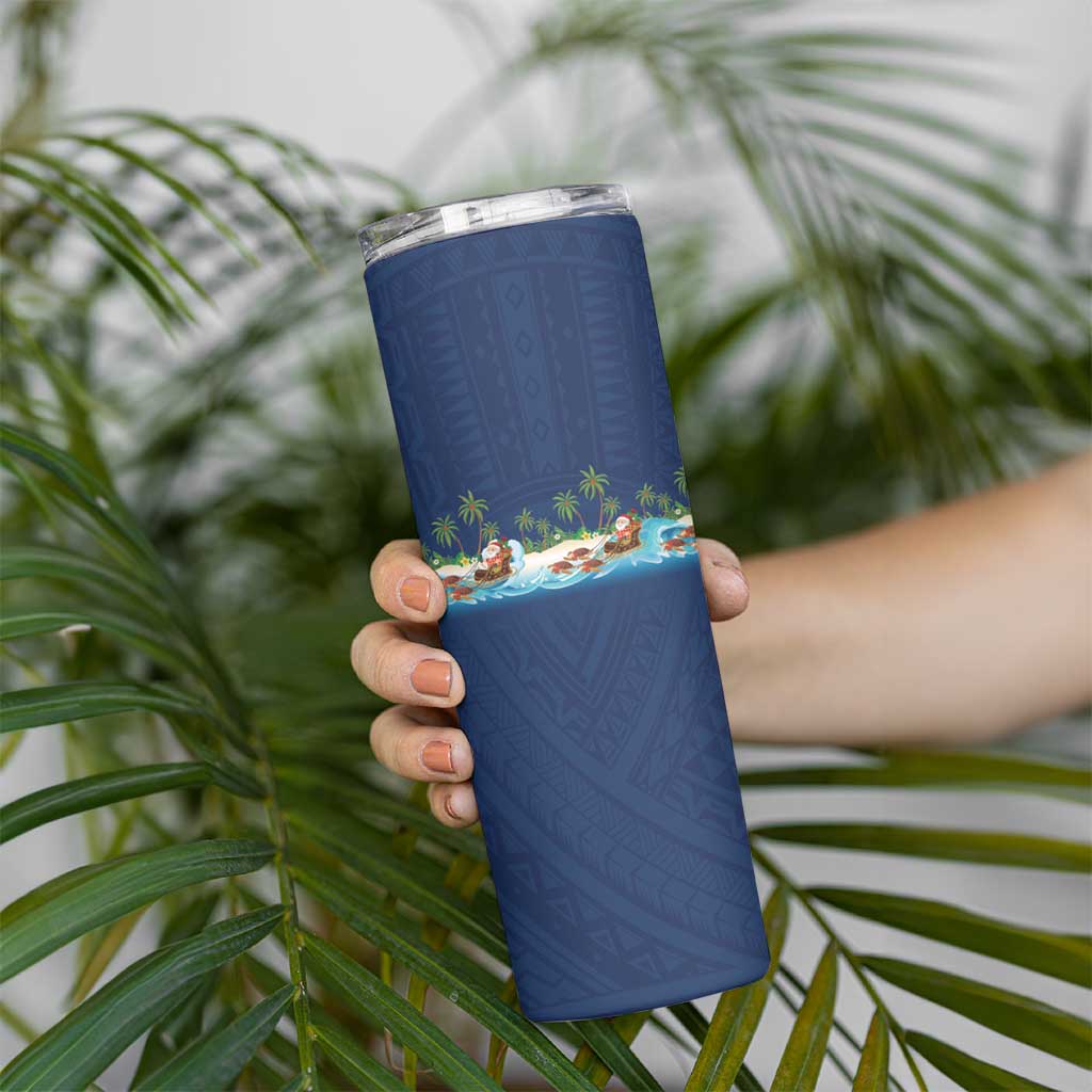 Hawaii Santa Riding Sea Turtle Skinny Tumbler Mele Kalikimaka Polynesian Pattern LT01 - Polynesian Pride