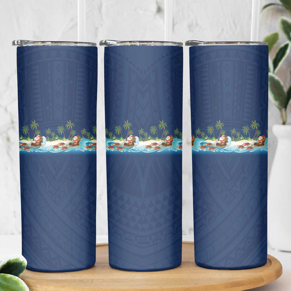 Hawaii Santa Riding Sea Turtle Skinny Tumbler Mele Kalikimaka Polynesian Pattern LT01 - Polynesian Pride