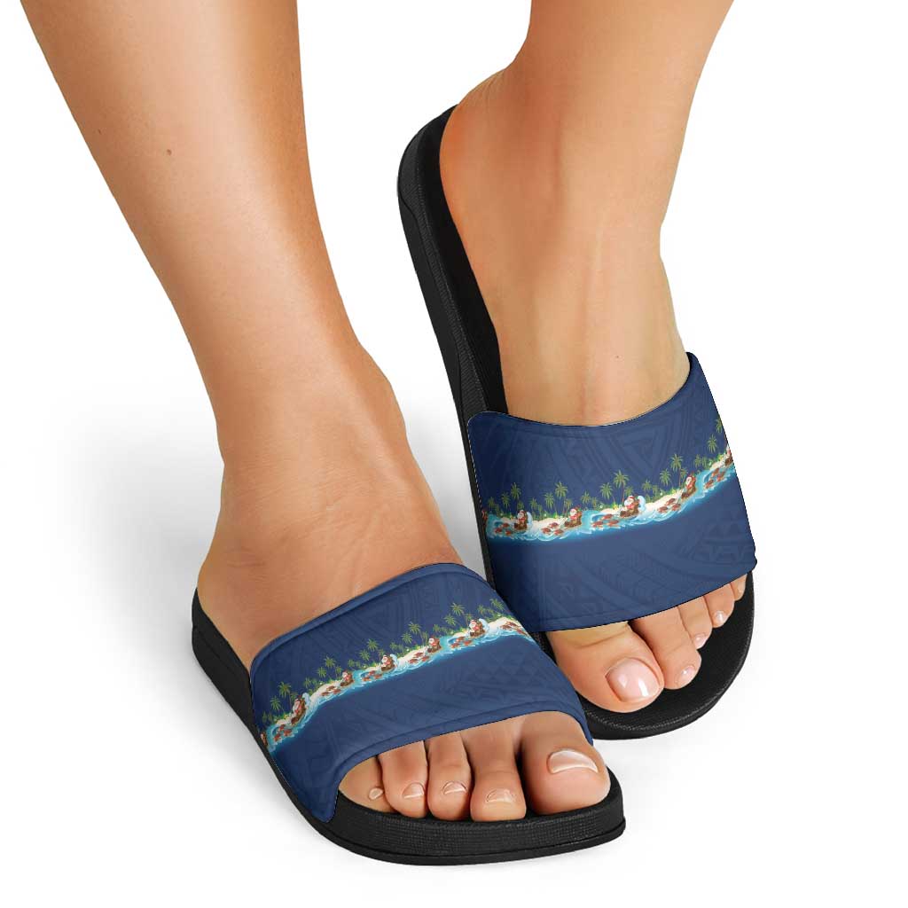 Hawaii Santa Riding Sea Turtle Slide Sandals Mele Kalikimaka Polynesian Pattern - Polynesian Pride