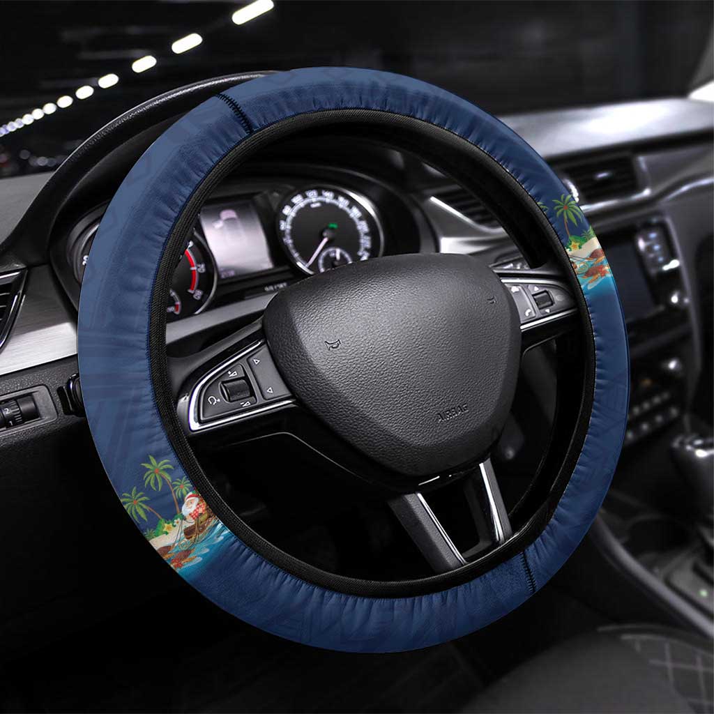 Hawaii Santa Riding Sea Turtle Steering Wheel Cover Mele Kalikimaka Polynesian Pattern LT01 Universal Fit Blue - Polynesian Pride
