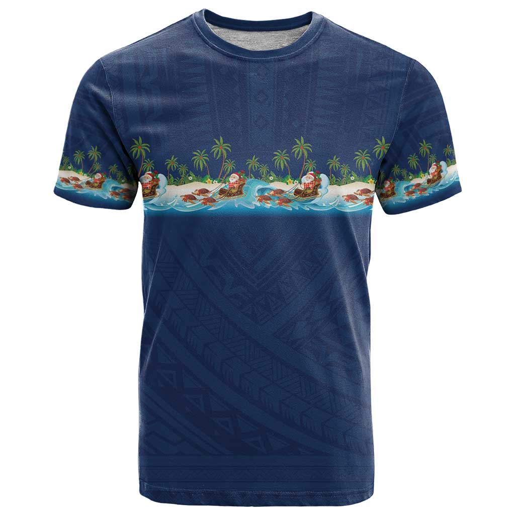 Hawaii Santa Riding Sea Turtle T Shirt Mele Kalikimaka Polynesian Pattern LT01 Blue - Polynesian Pride
