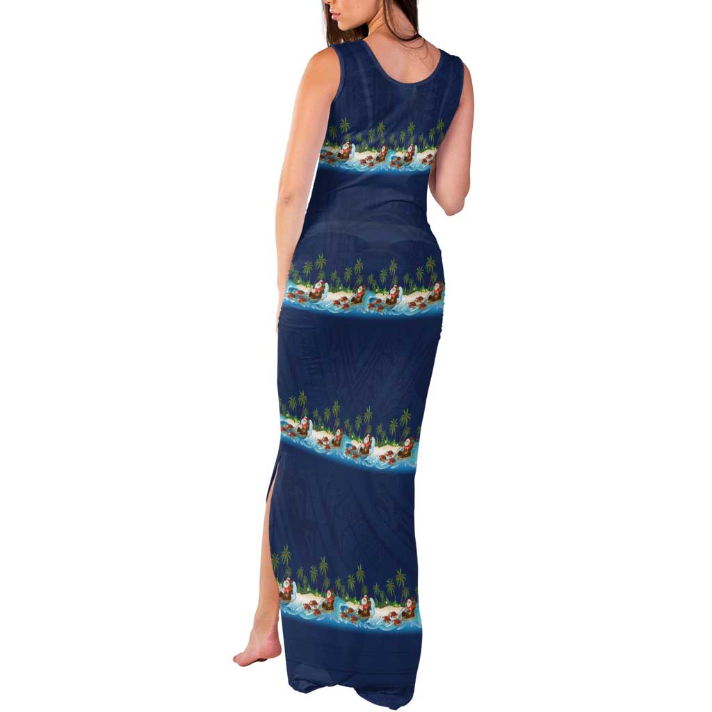 Hawaii Santa Riding Sea Turtle Tank Maxi Dress Mele Kalikimaka Polynesian Pattern - Polynesian Pride