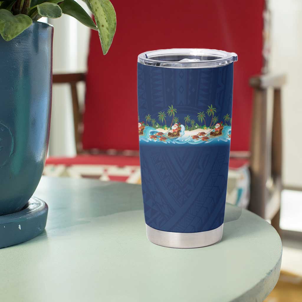 Hawaii Santa Riding Sea Turtle Tumbler Cup Mele Kalikimaka Polynesian Pattern - Polynesian Pride
