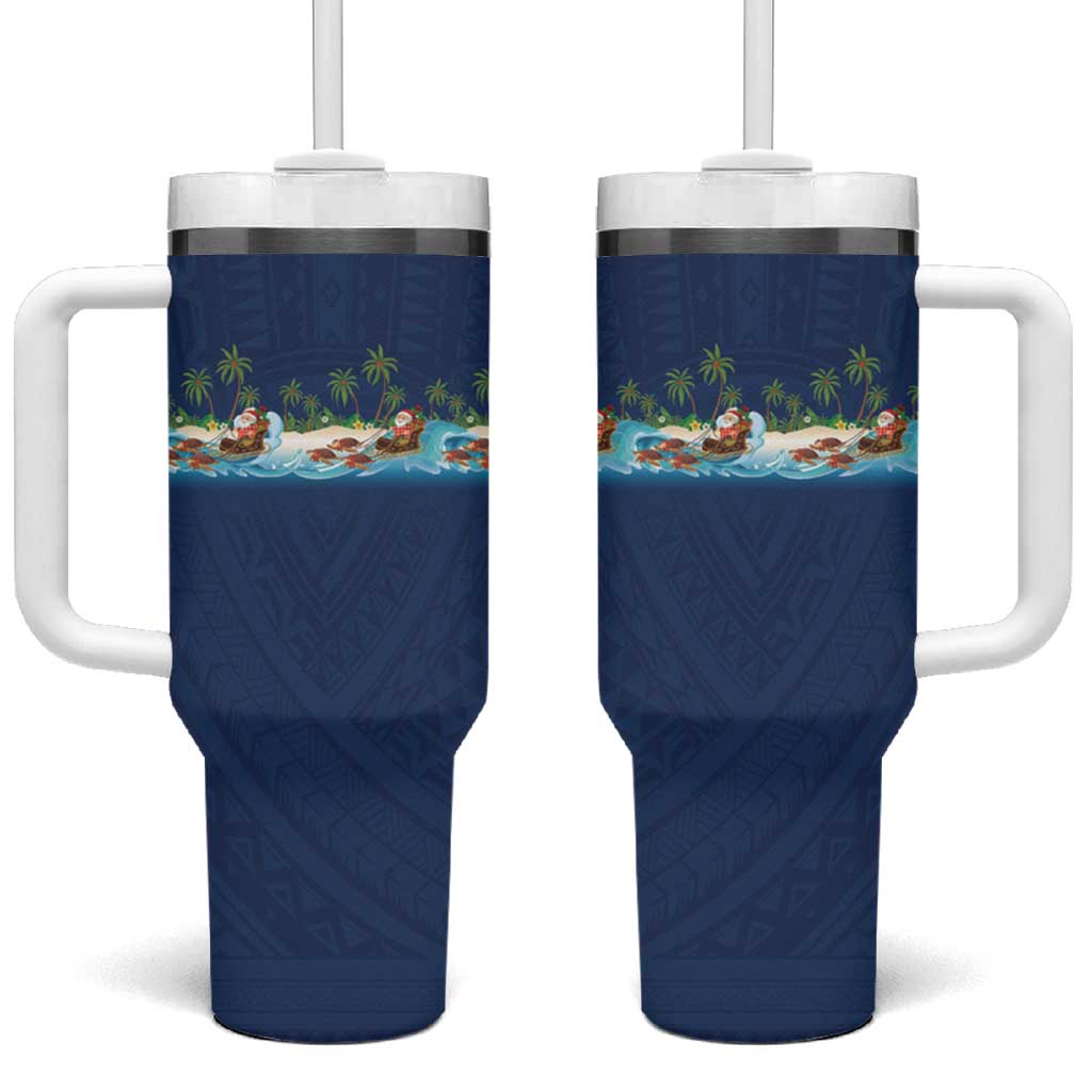 Hawaii Santa Riding Sea Turtle Tumbler With Handle Mele Kalikimaka Polynesian Pattern LT01 One Size: 40 oz Blue - Polynesian Pride