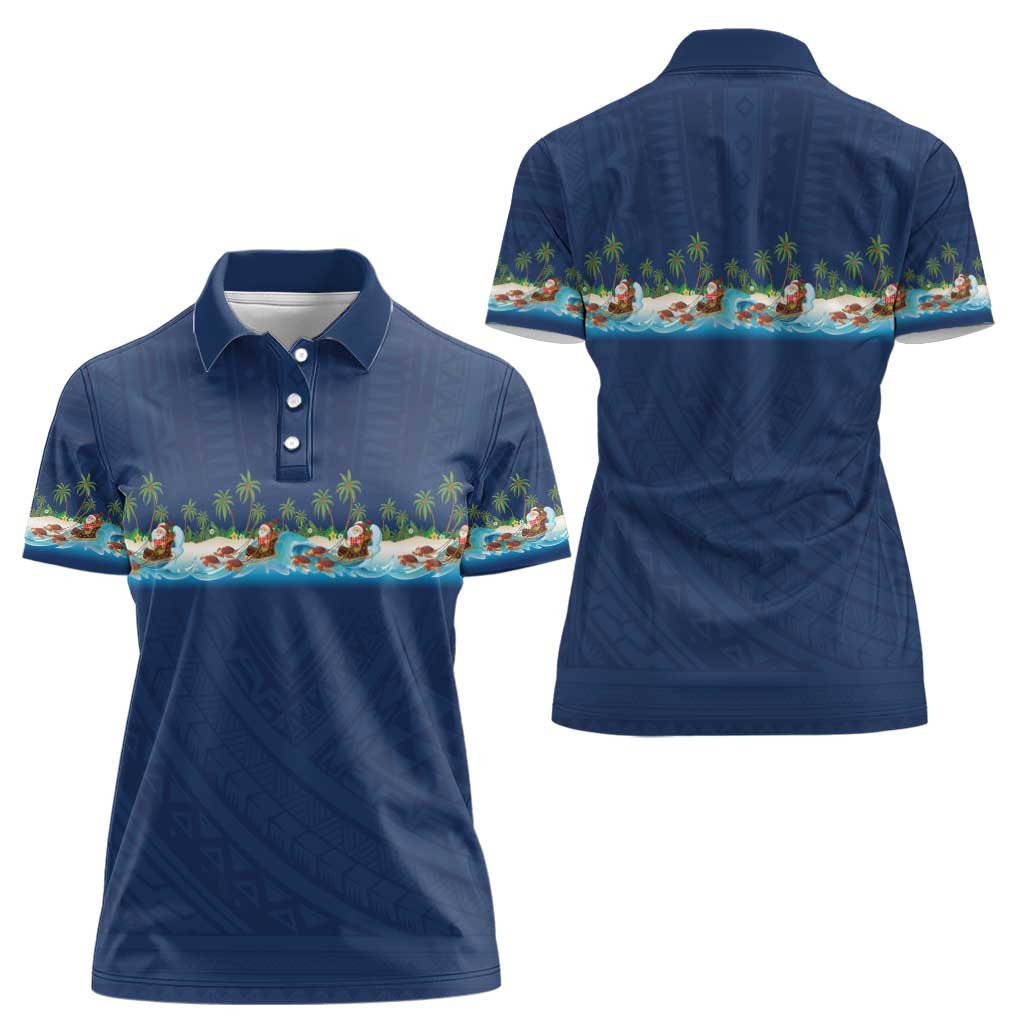 Hawaii Santa Riding Sea Turtle Women Polo Shirt Mele Kalikimaka Polynesian Pattern - Polynesian Pride