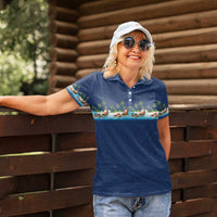 Hawaii Santa Riding Sea Turtle Women Polo Shirt Mele Kalikimaka Polynesian Pattern - Polynesian Pride
