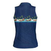 Hawaii Santa Riding Sea Turtle Women Sleeveless Polo Shirt Mele Kalikimaka Polynesian Pattern LT01 - Polynesian Pride