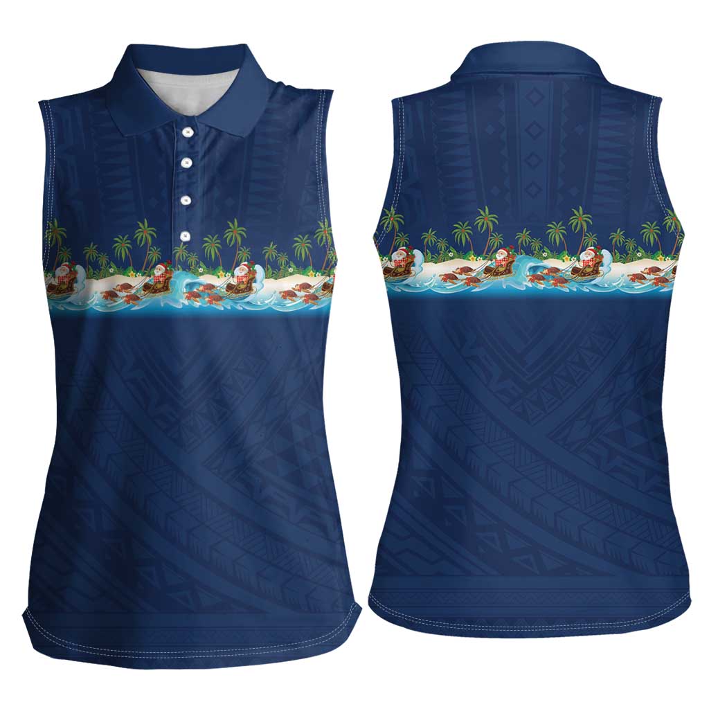Hawaii Santa Riding Sea Turtle Women Sleeveless Polo Shirt Mele Kalikimaka Polynesian Pattern LT01 - Polynesian Pride
