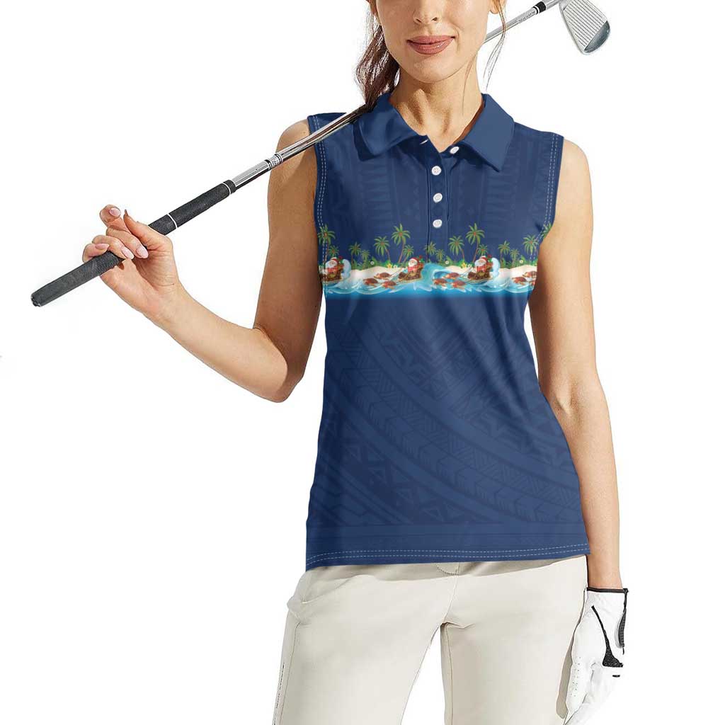 Hawaii Santa Riding Sea Turtle Women Sleeveless Polo Shirt Mele Kalikimaka Polynesian Pattern LT01 - Polynesian Pride