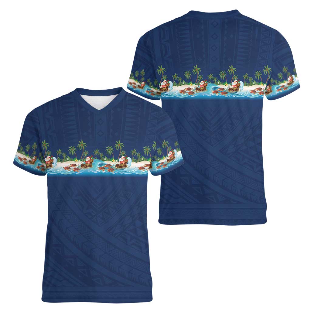 Hawaii Santa Riding Sea Turtle Women V-Neck T-Shirt Mele Kalikimaka Polynesian Pattern - Polynesian Pride
