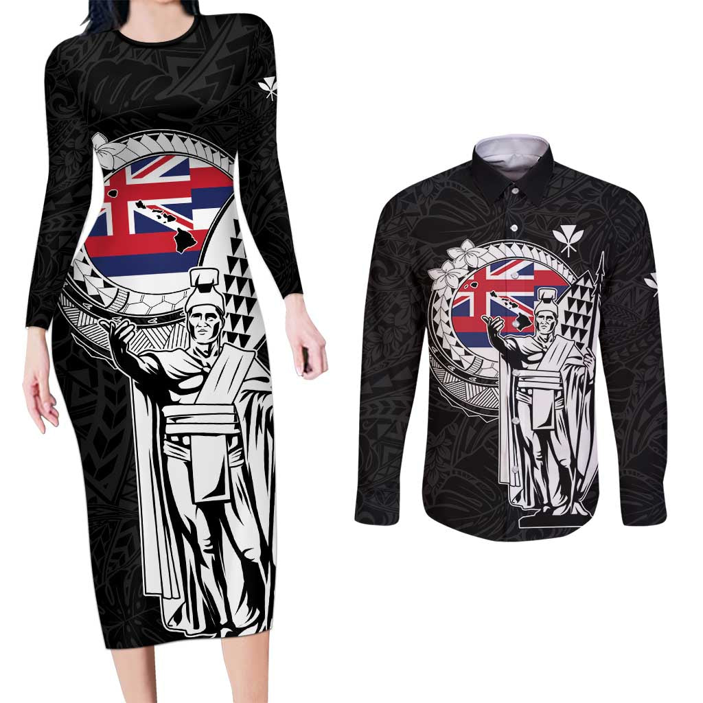 Personalized Hawaii King Kamehameha Couples Matching Long Sleeve Bodycon Dress and Long Sleeve Button Shirt Flag Polynesian Pattern
