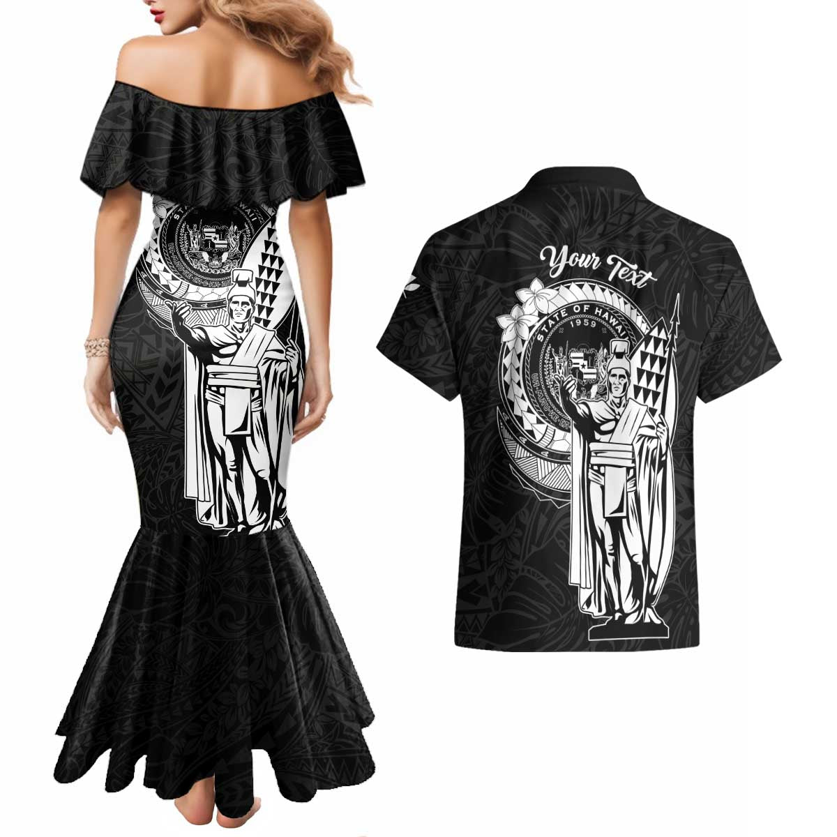 Personalized Hawaii King Kamehameha Couples Matching Mermaid Dress and Hawaiian Shirt Flag Polynesian Pattern
