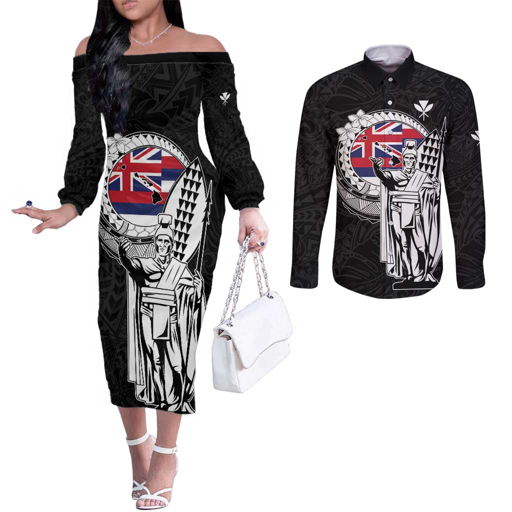 Personalized Hawaii King Kamehameha Couples Matching Off The Shoulder Long Sleeve Dress and Long Sleeve Button Shirt Flag Polynesian Pattern
