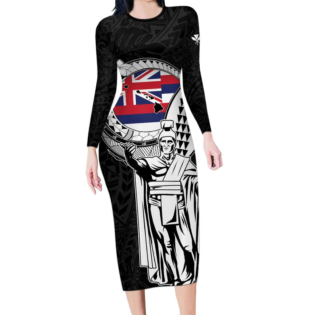 Personalized Hawaii King Kamehameha Family Matching Long Sleeve Bodycon Dress and Hawaiian Shirt Flag Polynesian Pattern LT01 Mom's Dress Black - Polynesian Pride