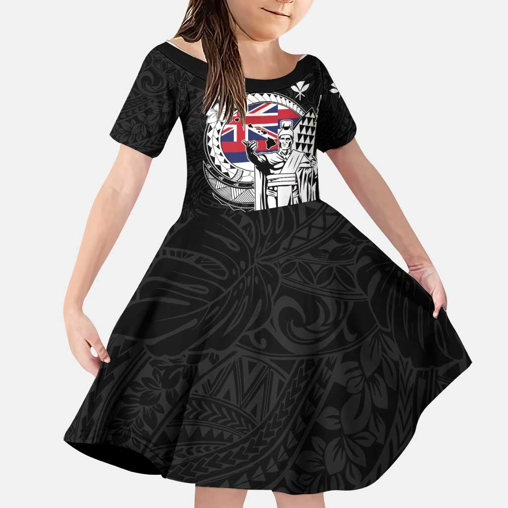 Personalized Hawaii King Kamehameha Family Matching Short Sleeve Bodycon Dress and Hawaiian Shirt Flag Polynesian Pattern LT01 Daughter's Dress Black - Polynesian Pride