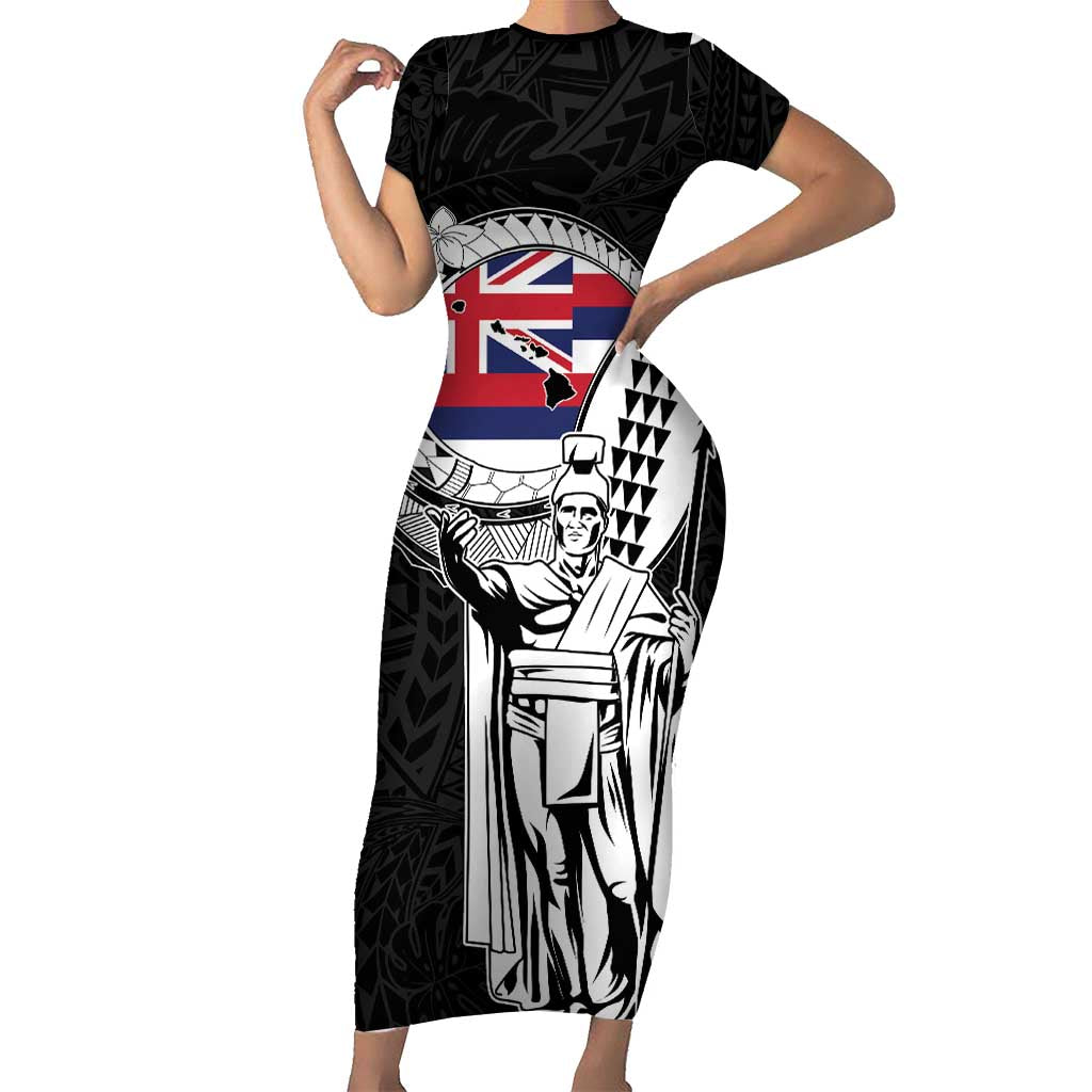 Personalized Hawaii King Kamehameha Family Matching Short Sleeve Bodycon Dress and Hawaiian Shirt Flag Polynesian Pattern LT01 Mom's Dress Black - Polynesian Pride