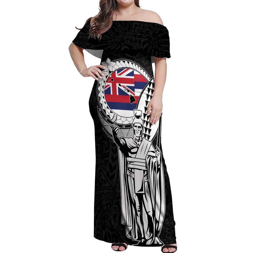 Personalized Hawaii King Kamehameha Off Shoulder Maxi Dress Flag Polynesian Pattern