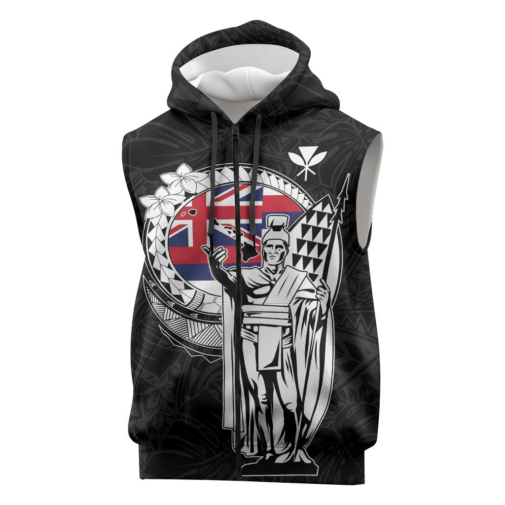 Personalized Hawaii King Kamehameha Sleeveless Zip Hoodie Flag Polynesian Pattern LT01 Black - Polynesian Pride