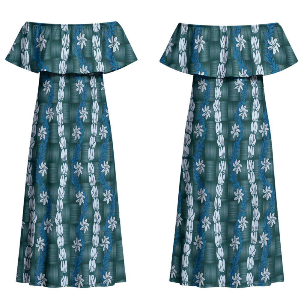 Pikake Maile Tiare Lei Couples Matching Off Shoulder Maxi Dress and Long Sleeve Button Shirt Polu Lauhala Pattern LT01 - Polynesian Pride