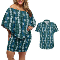 Pikake Maile Tiare Lei Couples Matching Off Shoulder Short Dress and Hawaiian Shirt Polu Lauhala Pattern