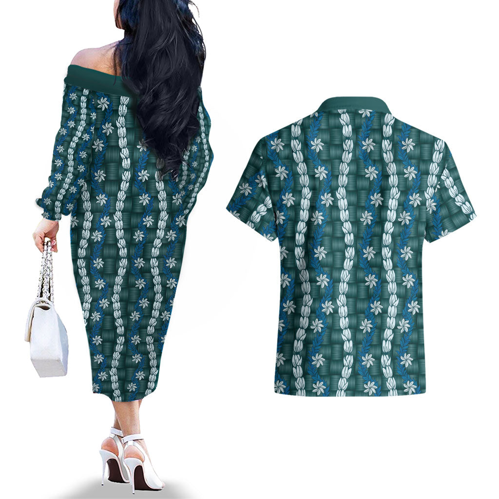 Pikake Maile Tiare Lei Couples Matching Off The Shoulder Long Sleeve Dress and Hawaiian Shirt Polu Lauhala Pattern