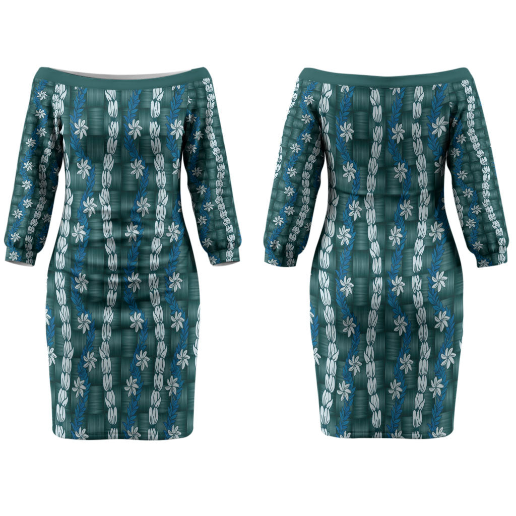 Pikake Maile Tiare Lei Couples Matching Off The Shoulder Long Sleeve Dress and Hawaiian Shirt Polu Lauhala Pattern LT01 - Polynesian Pride