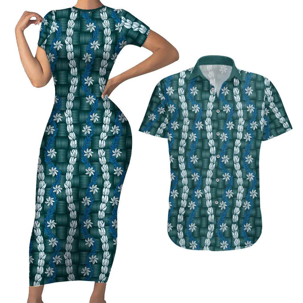 Pikake Maile Tiare Lei Couples Matching Short Sleeve Bodycon Dress and Hawaiian Shirt Polu Lauhala Pattern