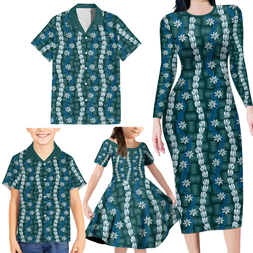Pikake Maile Tiare Lei Family Matching Long Sleeve Bodycon Dress and Hawaiian Shirt Polu Lauhala Pattern