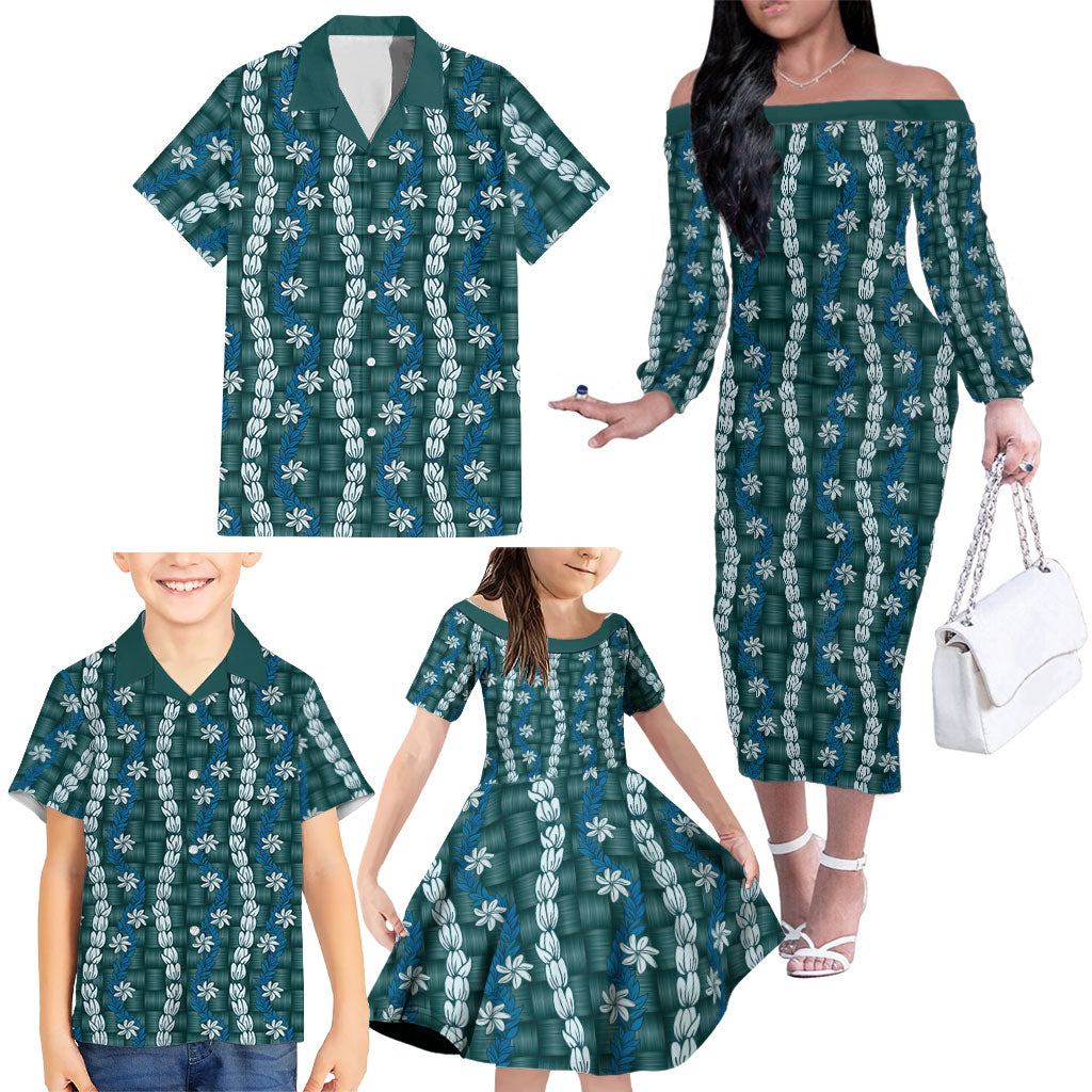 Pikake Maile Tiare Lei Family Matching Off The Shoulder Long Sleeve Dress and Hawaiian Shirt Polu Lauhala Pattern