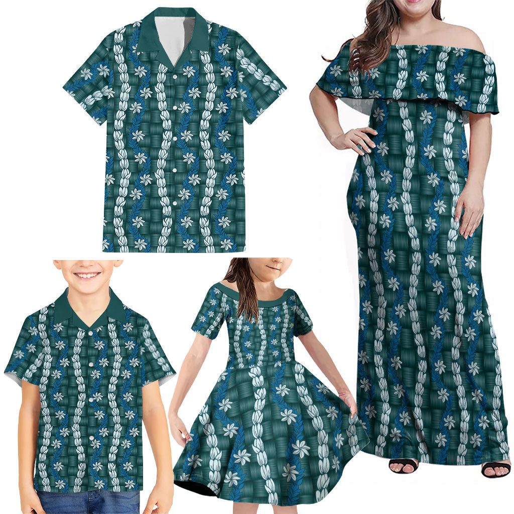 Pikake Maile Tiare Lei Family Matching Off Shoulder Maxi Dress and Hawaiian Shirt Polu Lauhala Pattern