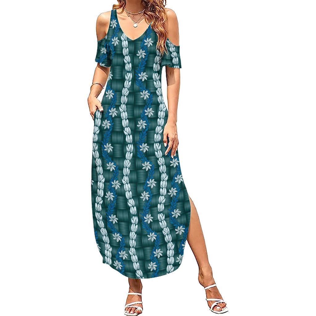 Pikake Maile Tiare Lei Family Matching Summer Maxi Dress and Hawaiian Shirt Polu Lauhala Pattern