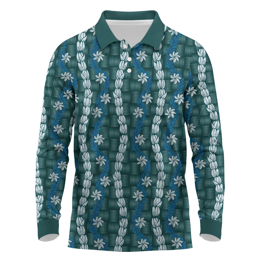 Pikake Maile Tiare Lei Long Sleeve Polo Shirt Polu Lauhala Pattern LT01 Blue - Polynesian Pride