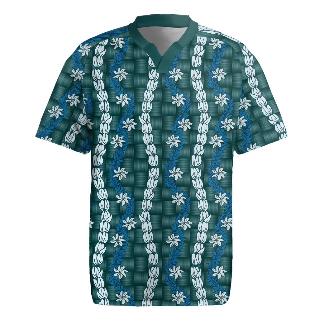 Pikake Maile Tiare Lei Rugby Jersey Polu Lauhala Pattern LT01 Blue - Polynesian Pride