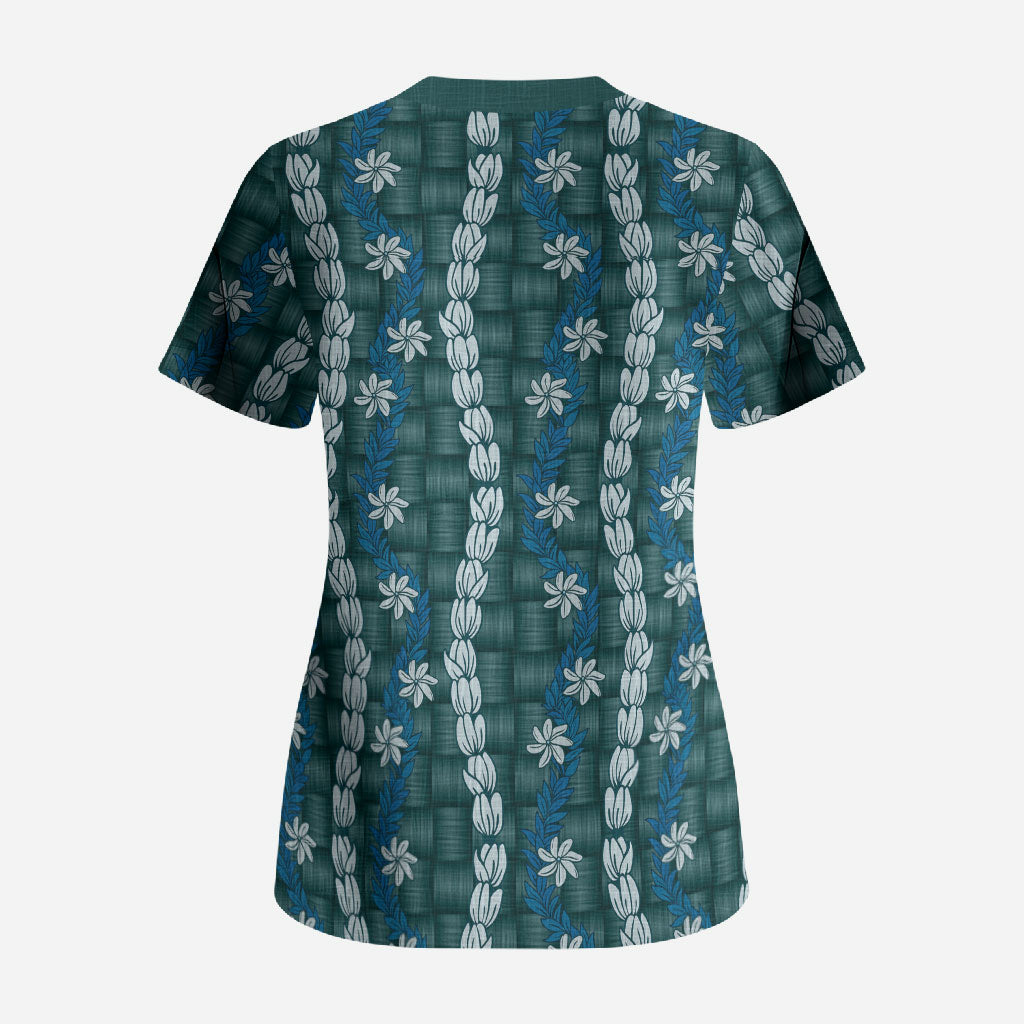 Pikake Maile Tiare Lei Scrub Top Polu Lauhala Pattern
