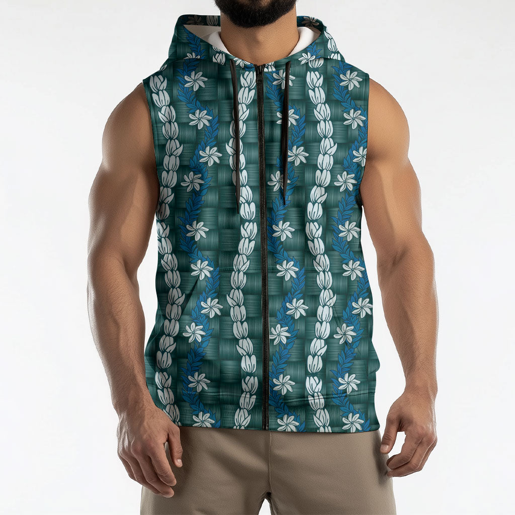 Pikake Maile Tiare Lei Sleeveless Zip Hoodie Polu Lauhala Pattern