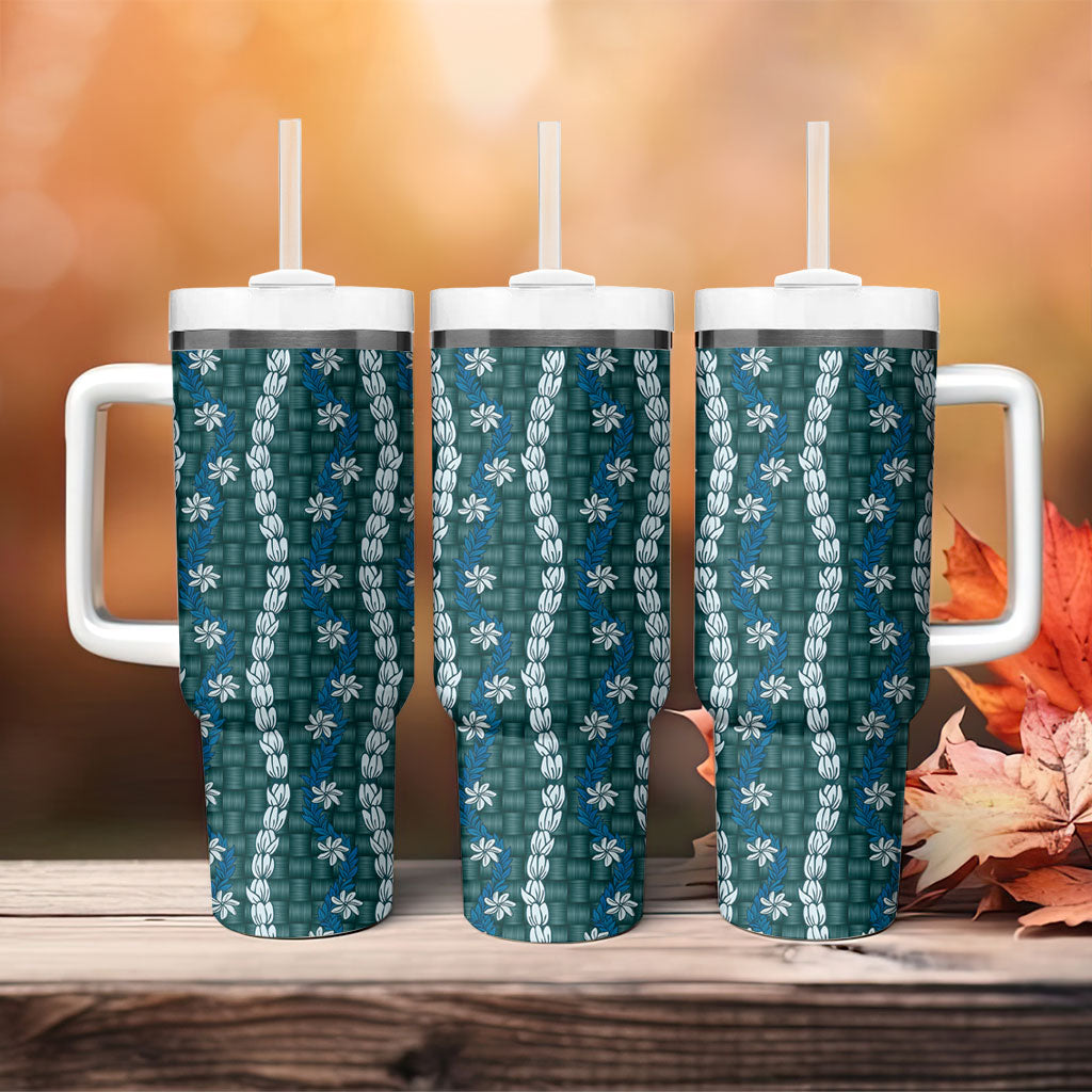 Pikake Maile Tiare Lei Tumbler With Handle Polu Lauhala Pattern