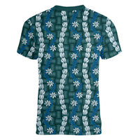 Pikake Maile Tiare Lei Women V-Neck T-Shirt Polu Lauhala Pattern