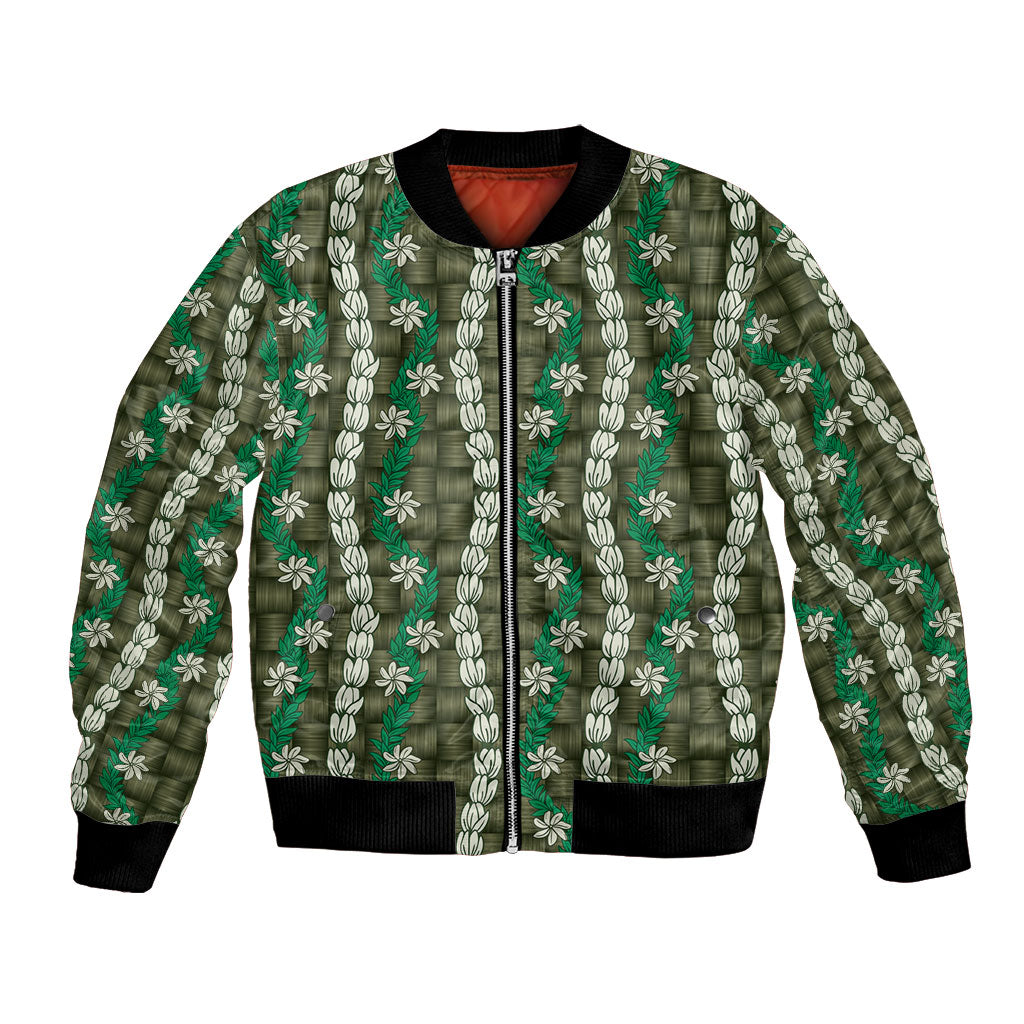 Pikake Maile Tiare Lei Bomber Jacket Omaomao Lauhala Pattern