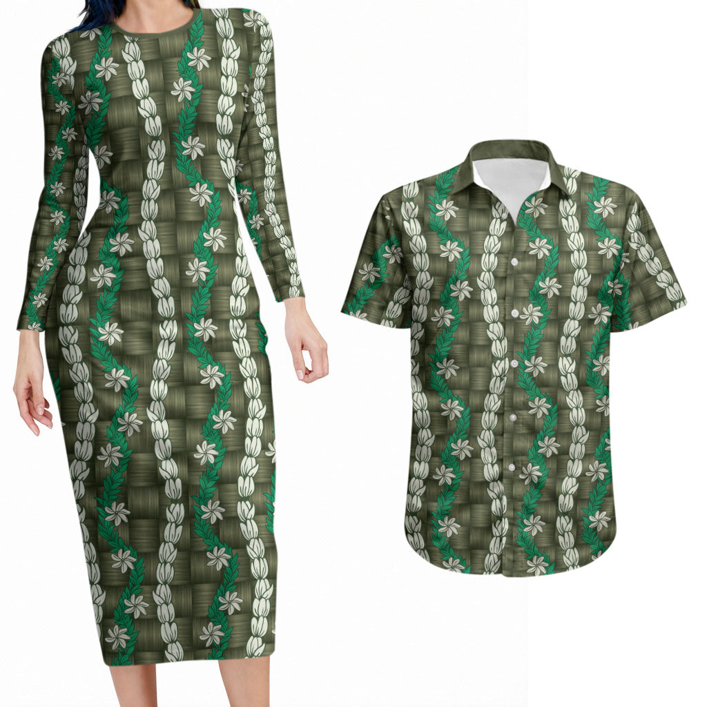 Pikake Maile Tiare Lei Couples Matching Long Sleeve Bodycon Dress and Hawaiian Shirt Omaomao Lauhala Pattern LT01 Green - Polynesian Pride