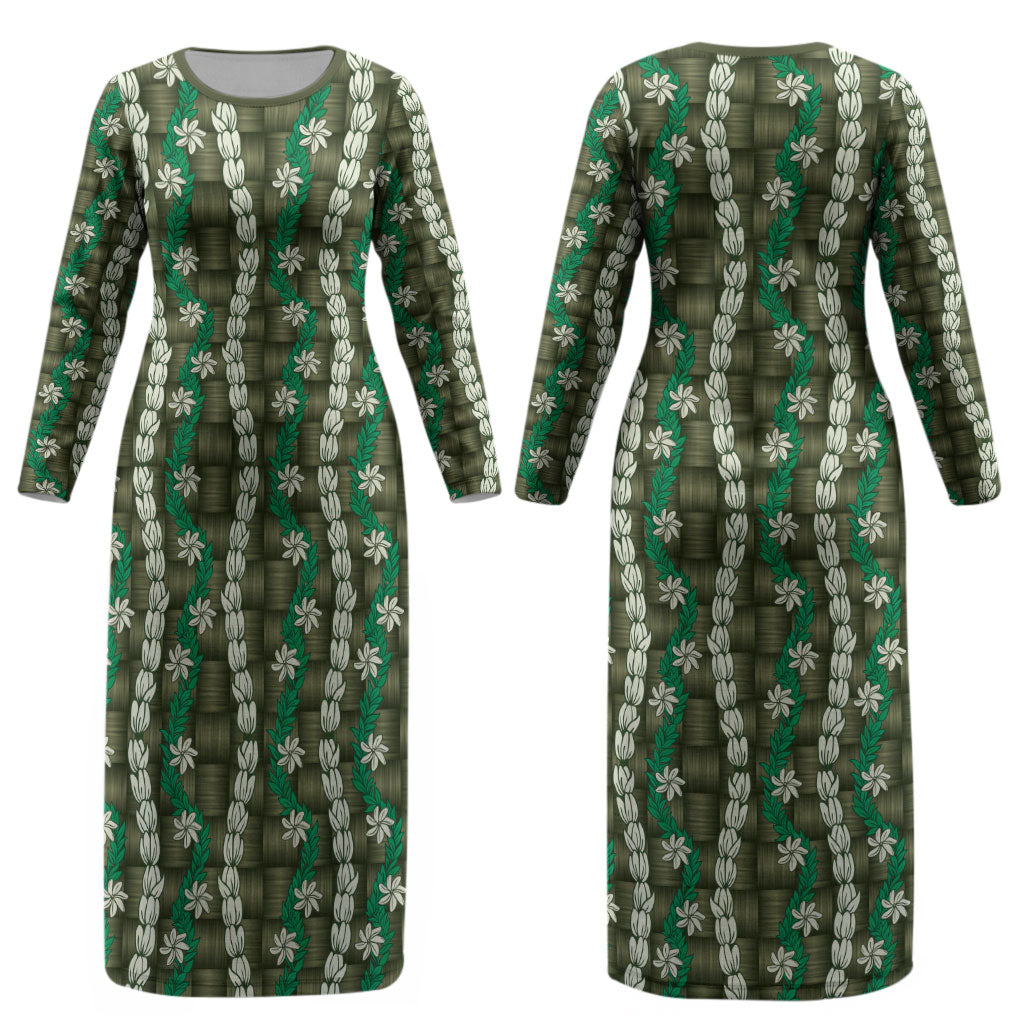 Pikake Maile Tiare Lei Couples Matching Long Sleeve Bodycon Dress and Long Sleeve Button Shirt Omaomao Lauhala Pattern LT01 - Polynesian Pride