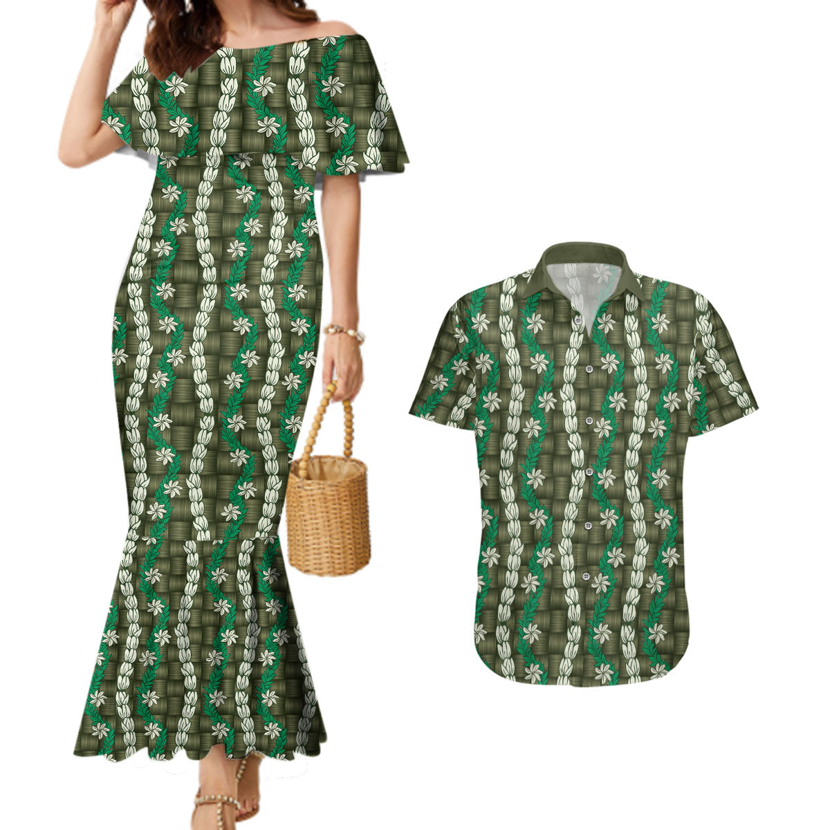 Pikake Maile Tiare Lei Couples Matching Mermaid Dress and Hawaiian Shirt Omaomao Lauhala Pattern