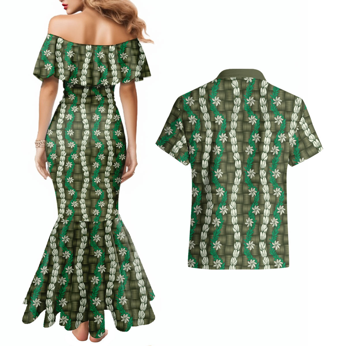 Pikake Maile Tiare Lei Couples Matching Mermaid Dress and Hawaiian Shirt Omaomao Lauhala Pattern