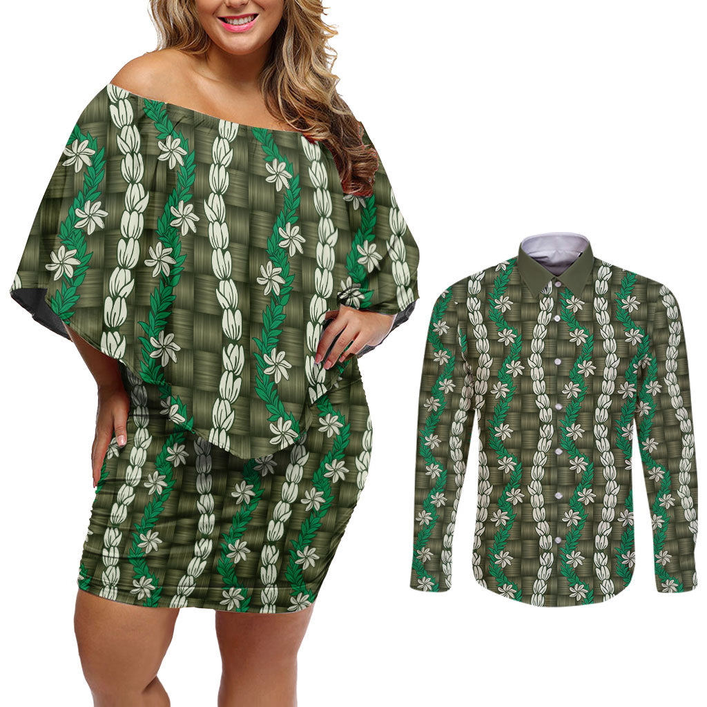 Pikake Maile Tiare Lei Couples Matching Off Shoulder Short Dress and Long Sleeve Button Shirt Omaomao Lauhala Pattern